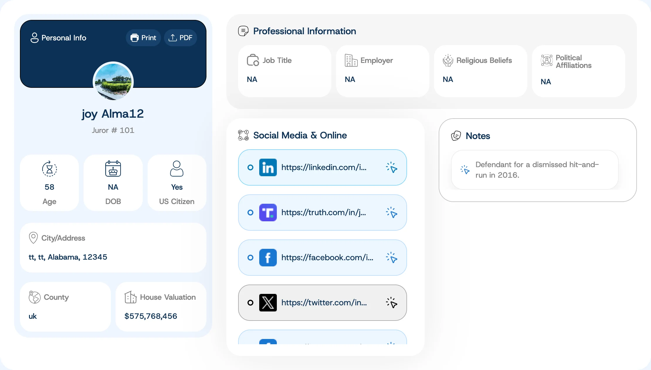 Juror profile view inside the Jury Intel platform